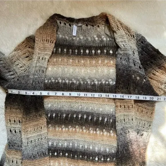 Black, Cream, Gray Open Front Neutral Striped Knit Crochet Cardigan Sweater 1X - Picture 6 of 10